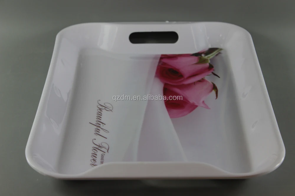 Beautiful Flower Printing Melamine Trays With 2 Handles
