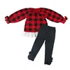Red and black plaid printed long puff sleeves ruffle top with solid color leggings girl sets for christmas