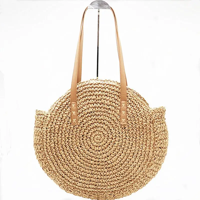 Round Summer Straw Large Woven Bag Purse For Women Vocation Tote Handbags StyleB White