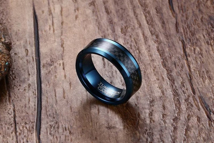 In Stock Cheap 8mm Tungsten Carbide Ring Mens Blue Carbon Fiber