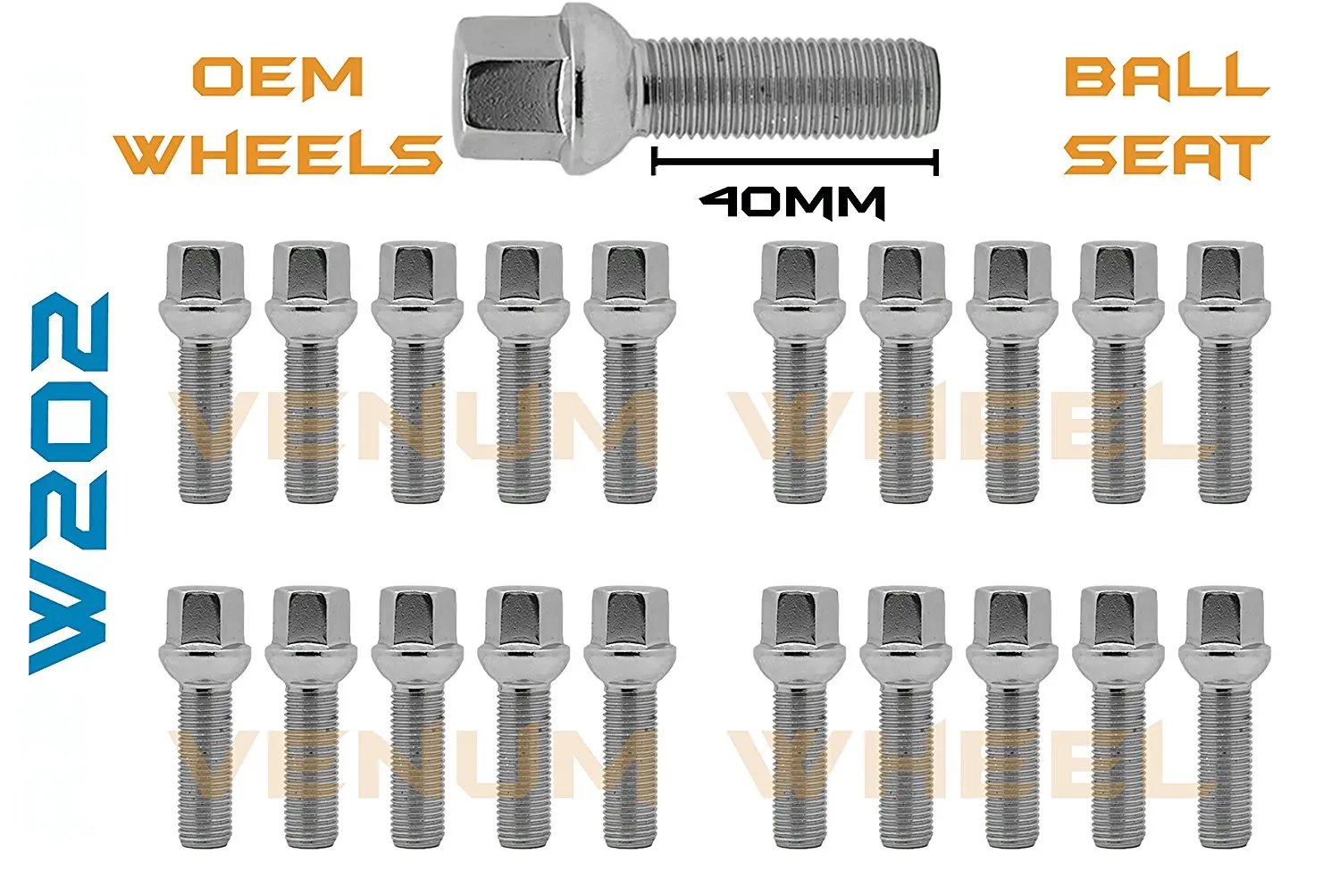 Get Quotations · Complete Set of 20 Chrome 12x1.5 Ball Seat Extended Lug Bolts 40mm fits Mercedes