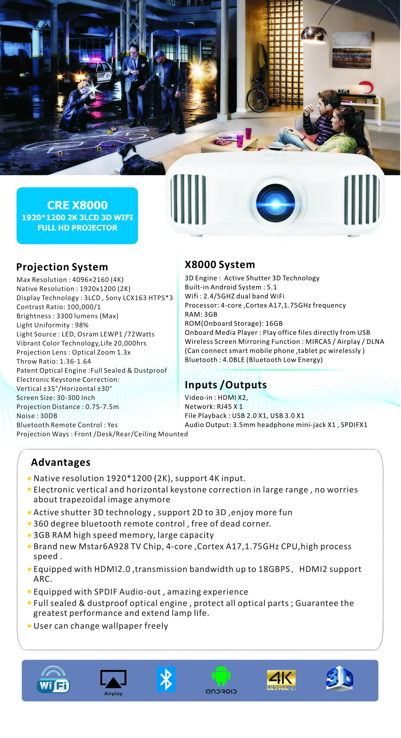 Hot selling 3300 lumens hd1080 4k wifi video projector