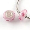 PandaHall Heart Beads Pattern Handmade Lampwork European Rondelle Beads with Silver Tone Brass Cores Large Hole Beads Pink