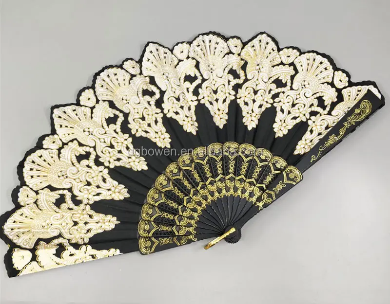 Black Slab Lace Folding Fan with Rose Pictures 