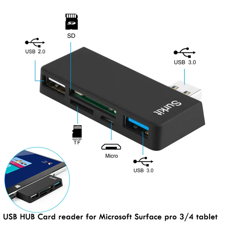 HUB15 High Speed USB 3.0 Transport USB 2.0 All in one Micro USB TF SD Card Reader for Microsoft Surface Pro 3 / 4 Tablet