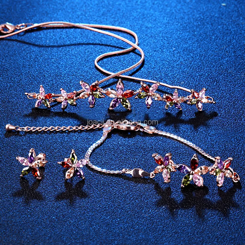Joacii Stylish Colorful Flower Design Rose Gold Jewelry Set with AAA Zircon