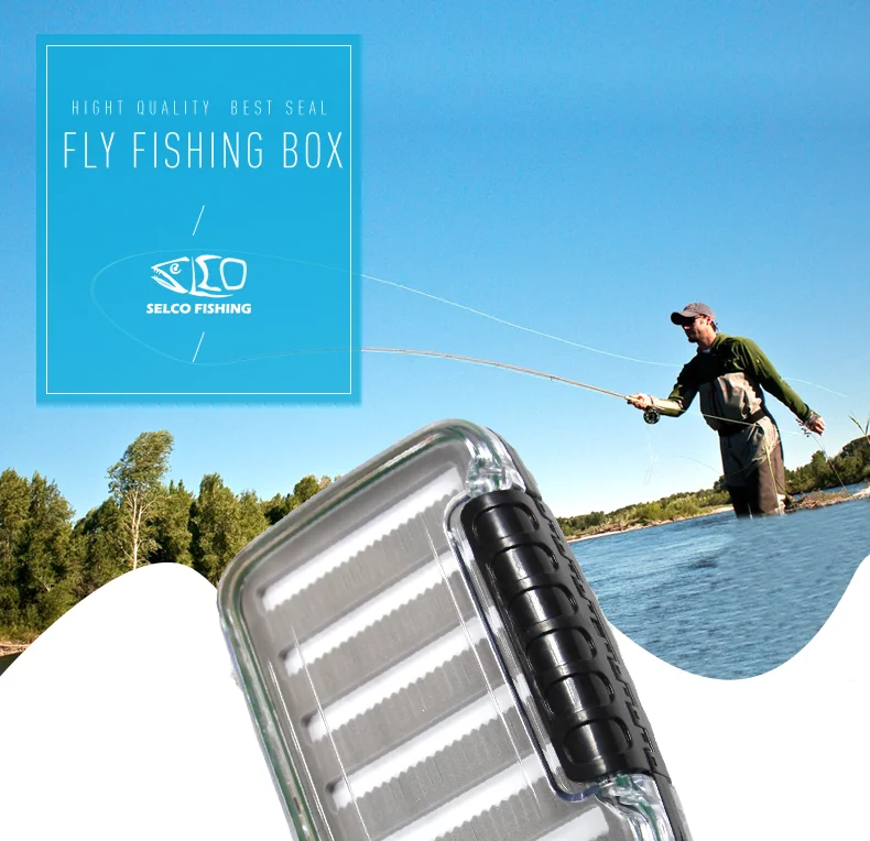 防水苍蝇飞钓鱼盒 15.4*10.6 * 4.5厘米塑料双侧盒与羽毛钩