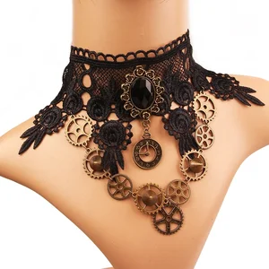 HALLOWEEN HANDMADE CARNIVAL PARTY FANCY GOTHIC DRESS LACE WITH BLACK JEWELRY AND GEAR NECKLACE