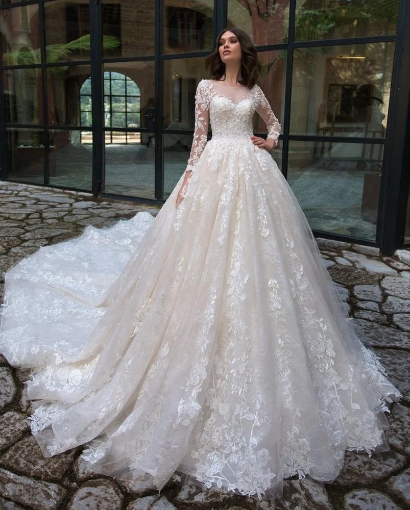 Latest Long Trail Wedding Dress With Sleeves Ivory Lace Wedding Gown ...