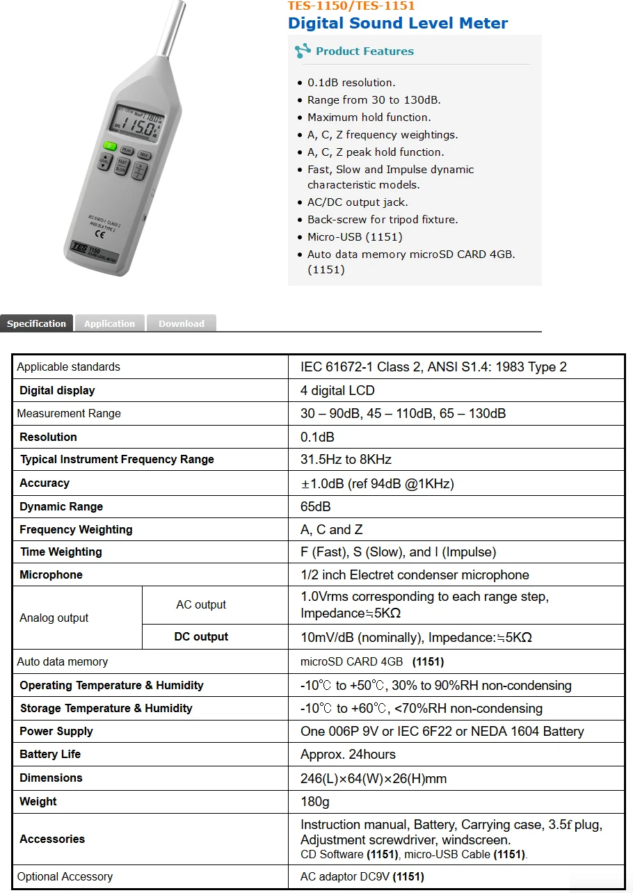 Micro-USB Sound Level Meter 30 to 130 dB TES-1151 DC/AC Noise Level Tester