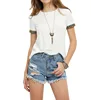 Hot sale Womens Embroidery Trim Short Sleeve T Shirt Scoop neck T shirt Solid color Tops Blouse Soft tee