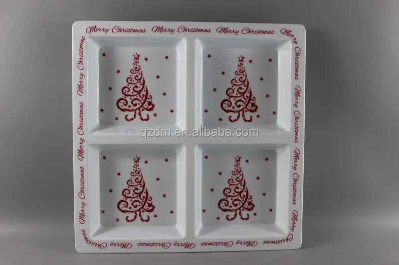 12" Square Melamine 4 Divided Plate Christmas Snack Dish