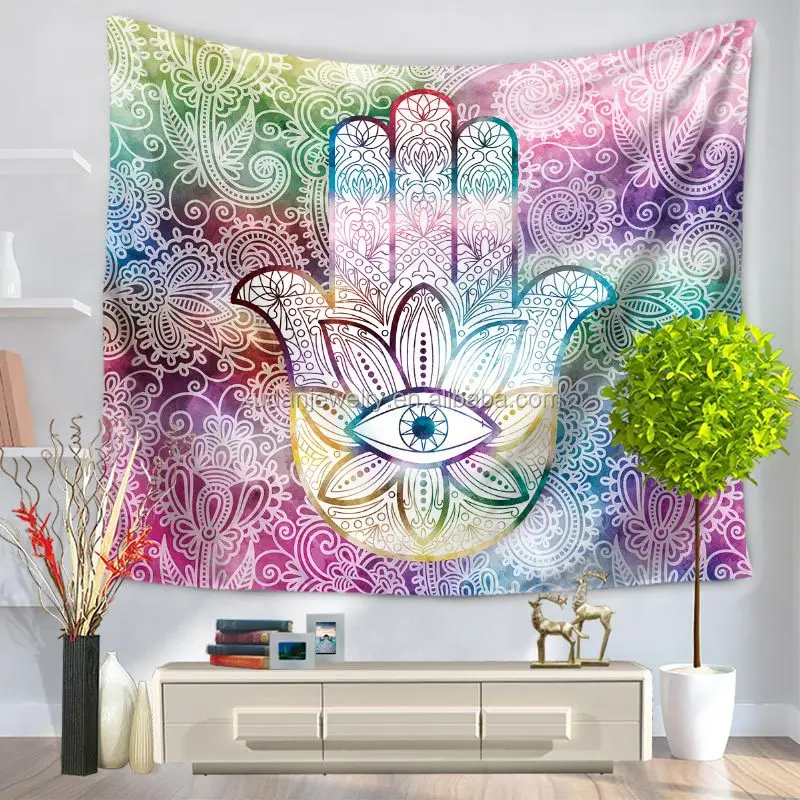 Hamsa Hand Tapestry Indian Mandala Floral Silk Wall Hanging Tapestry For Home Bedspread Retro