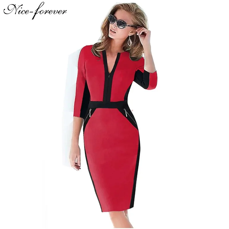 Nice forever Office Women Zipper special New Arrival Plus Size fashion patchwork V neck formal work