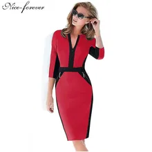 Zipper special 2014 New Arrival fashion patchwork V neck formal wear to work evening party bodycon Midi office dress 837