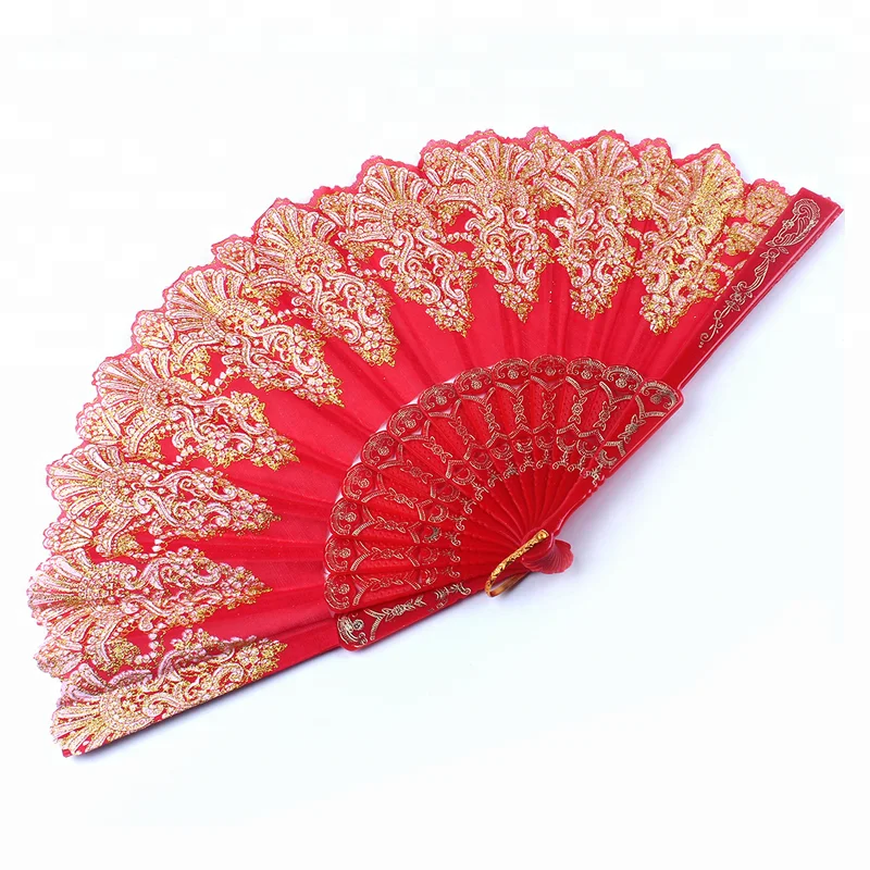 8 Colors Chinese Japanese Foldable Lace Trim Hand Fan Floral Print Chun Style