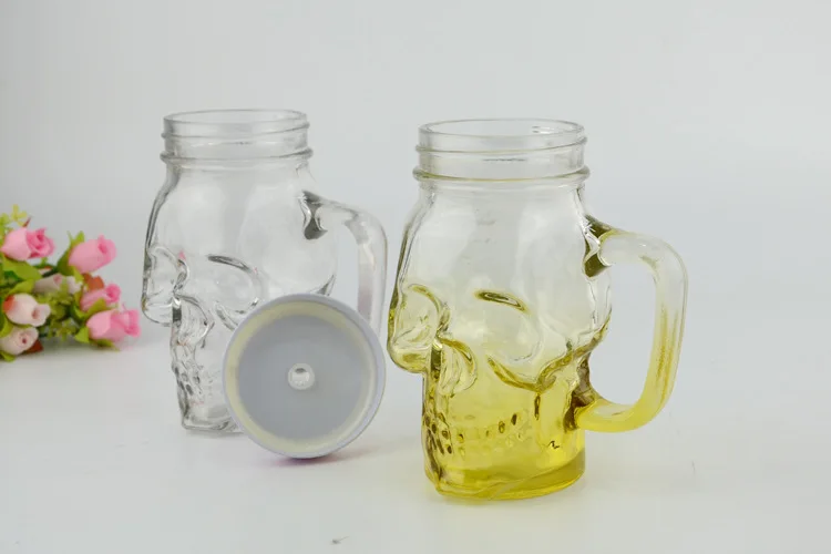 450ml Skull shaped color printing glass mason jar handle cup drinking glass bottle with Lids and Straw