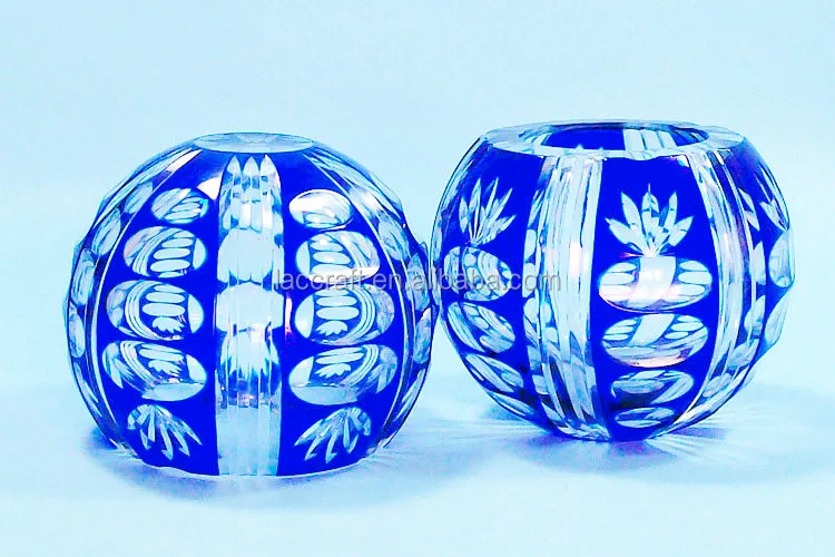 Handmade Bohemia Round Crystal Glass Ashtray Blue With Engraved Pattern