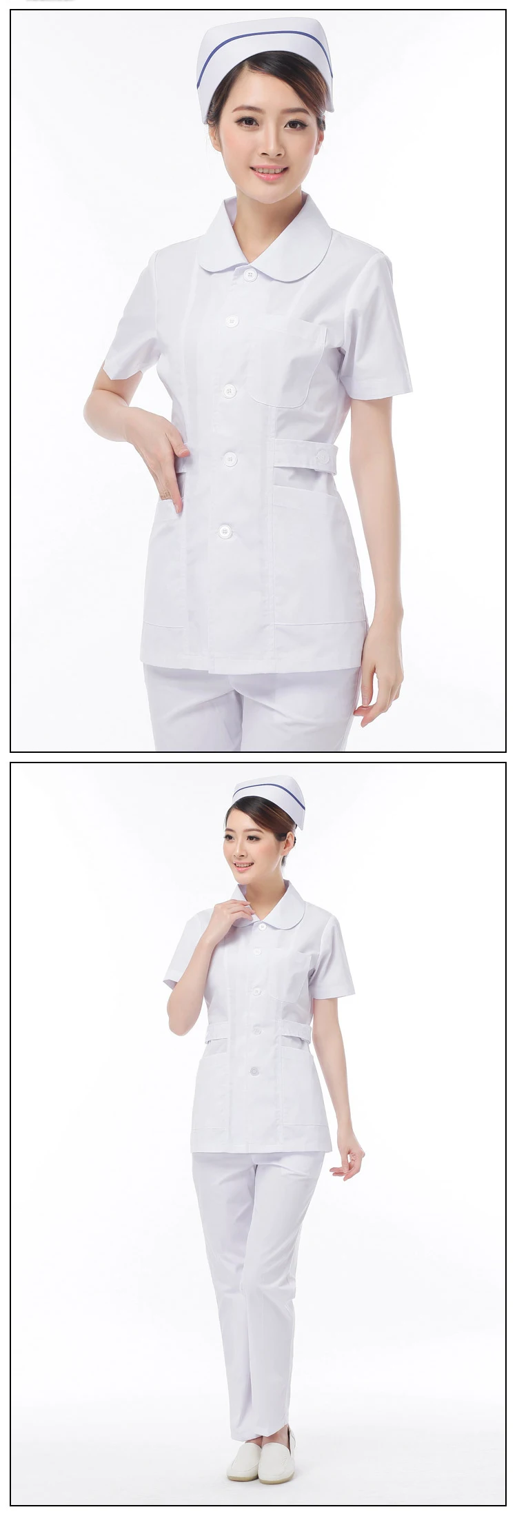 Female White Nurse Uniform Short Sleeves Cotton Fabric Medical Uniform Top And Pants Hospital