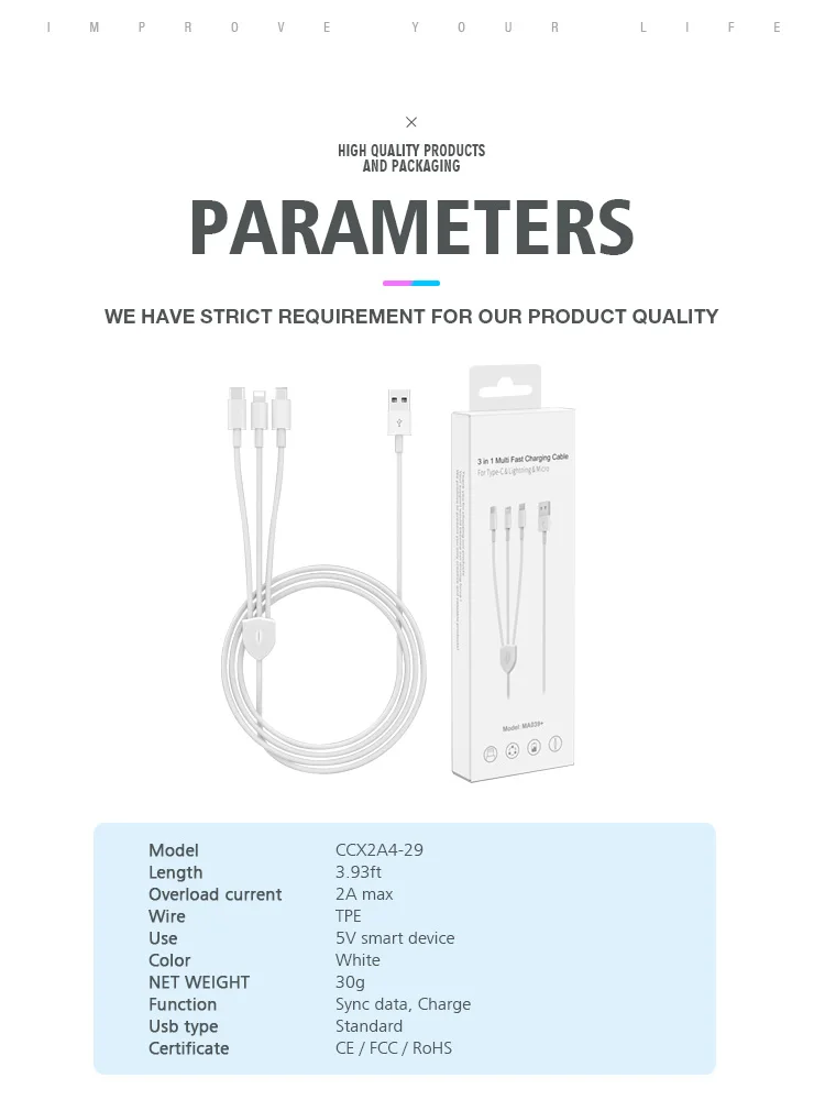 High quality multi-function phone usb 2a data cable tpe fabric 3in1 usb cable - ANKUX.COM