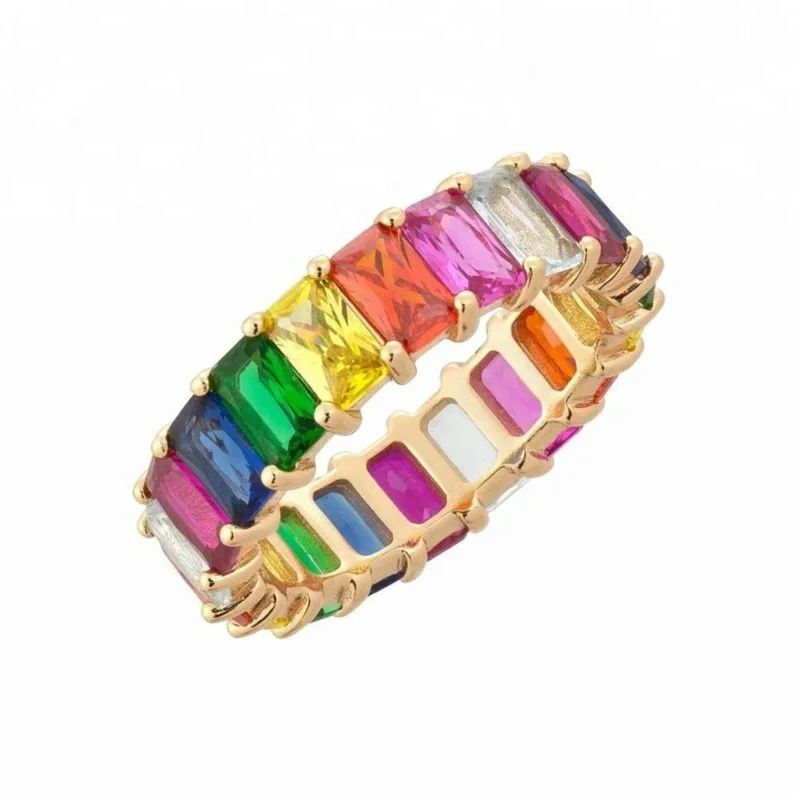 Wholesale Fashion Jewelry Latest Gold Ring Designs for Girls Vermeil CZ Stones Ring Multi-Colored Rainbow Ring For Party