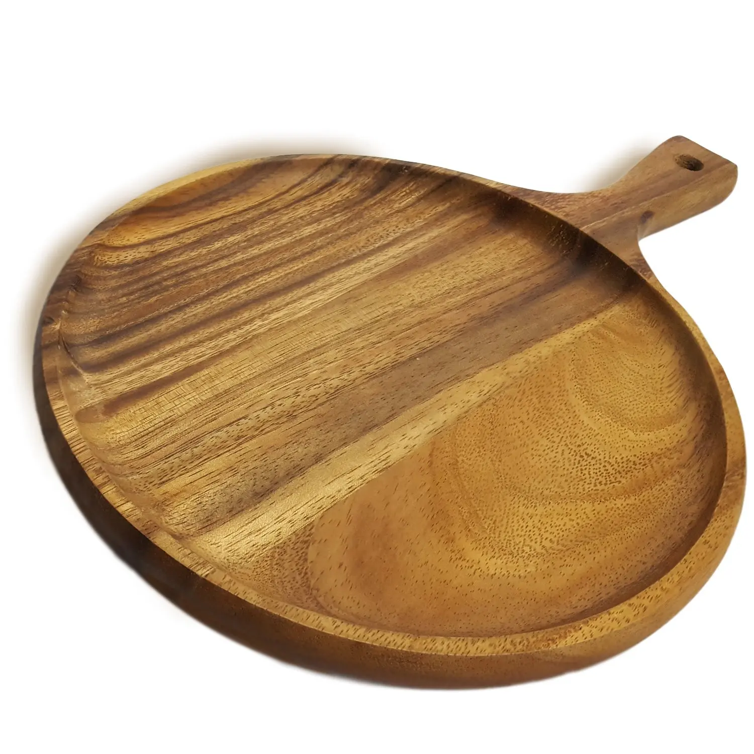 RoRo Acacia Wood Round Tray for Small Pizzas and Appetizers, 14 x 10 Inch