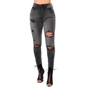 Europe style women denim jeans pants black color high quality ladies ripped jeans