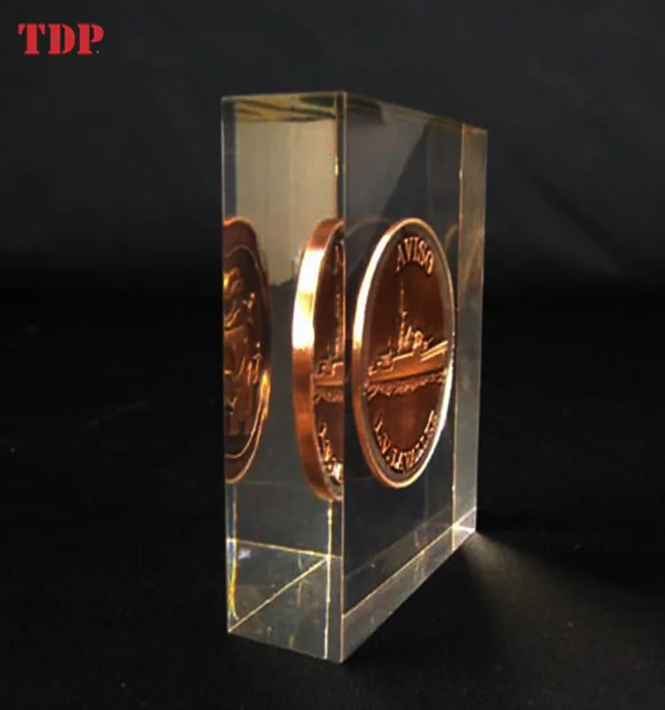 TDP square transparent acrylic resin block flower coin inside acrylic crystal lucite paper weights