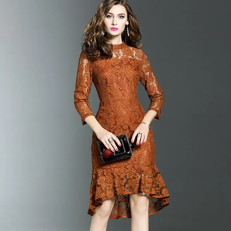 New Smart Elegant Dress 3/4 Sleeve Lotus Leaf Sweep Lace Dress Designs ...
