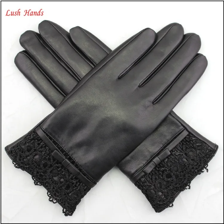 ladies sheepskin leather hand gloves with lace black