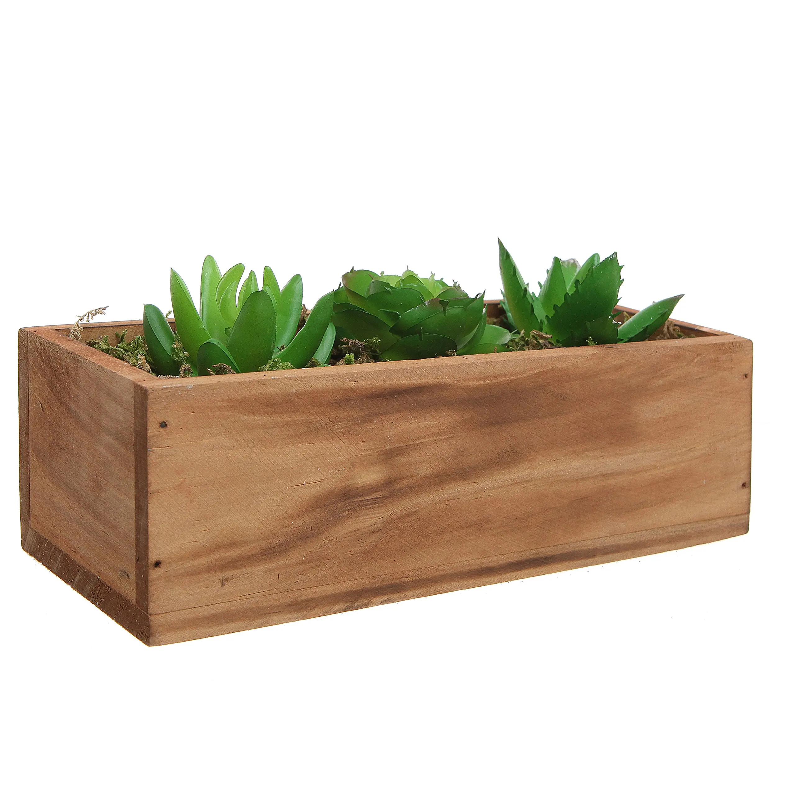 MyGift Artificial Mixed Succulent Plants in Rectangular Brown Wooden Planter Box 