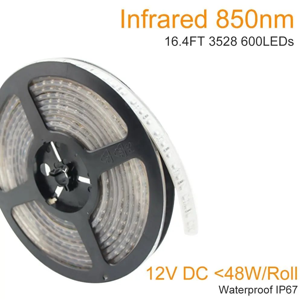 LightingWill DC12V 5M/16.4ft 48W SMD3528 600LEDs InfraRed 850nm High Intensity 8mm Wide Flexible IR 850nm LED Strip 120LEDs/M, Waterproof IP67 for Multitouch Screen, Night Light Application