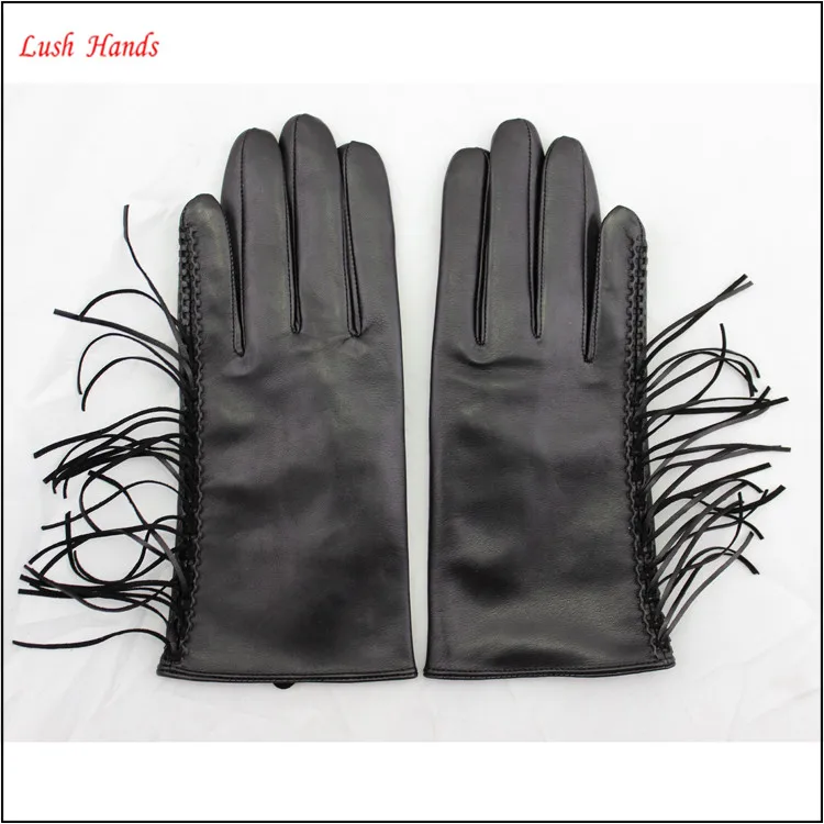ladies fashion wholesale winter leather hand gloves black with tassel