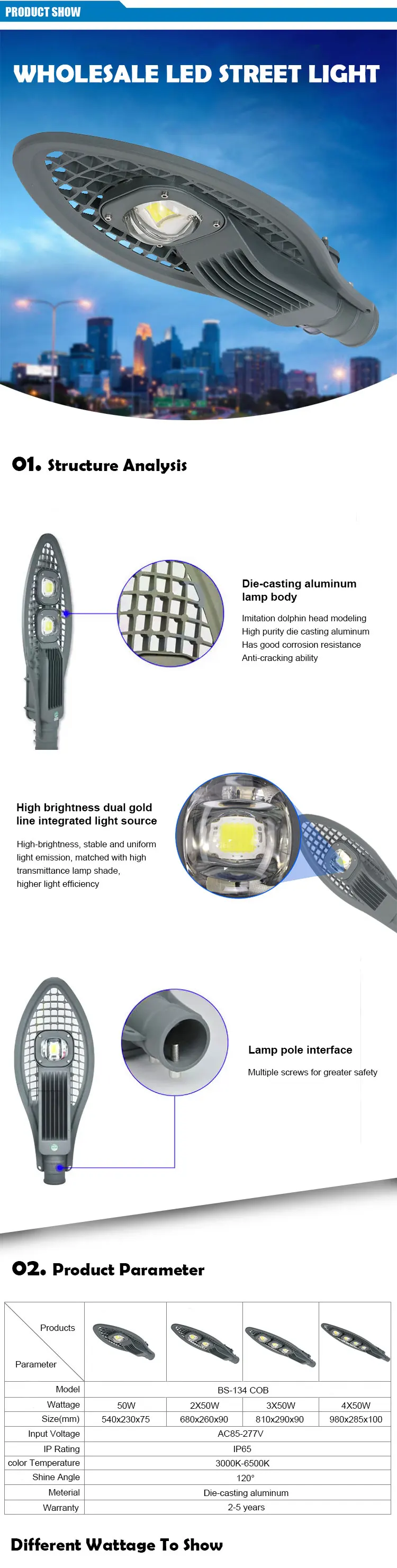 China Supplier 30 100 150W 200 250 Watt Led Street Light COB Street Lamp