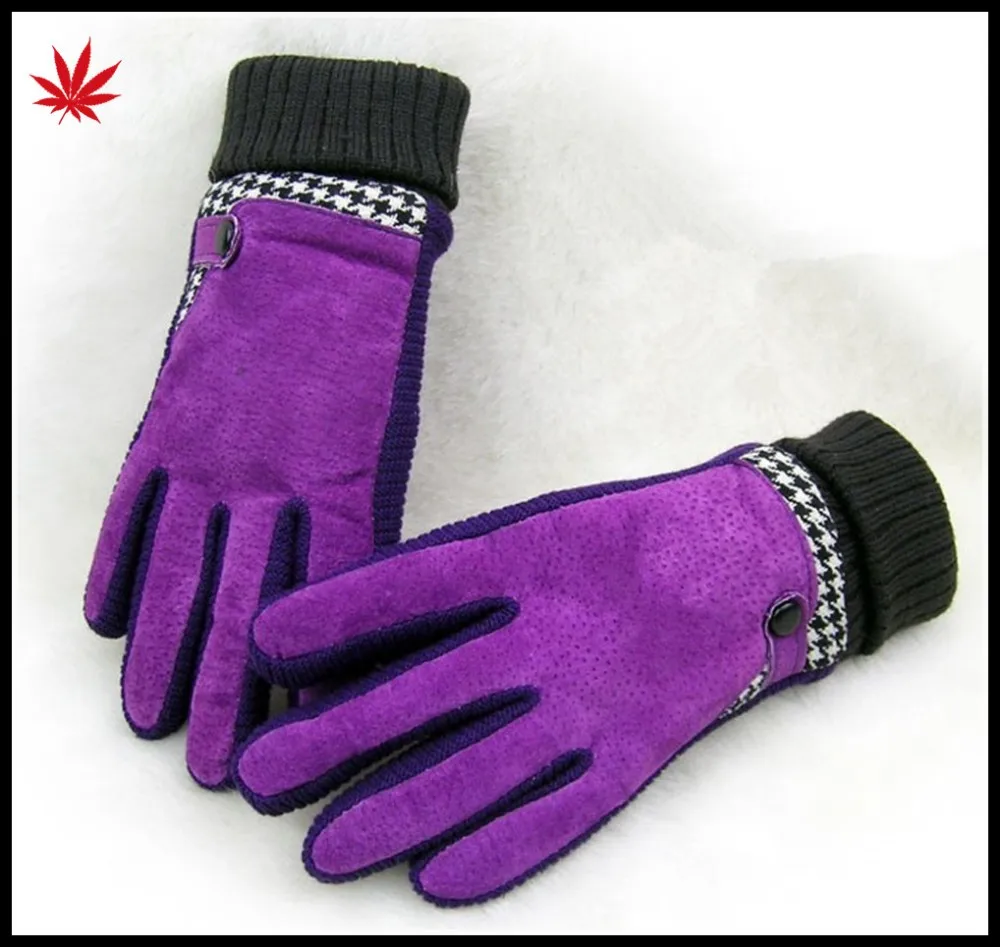 Women's pigsuede leather gloves with kintted cuff