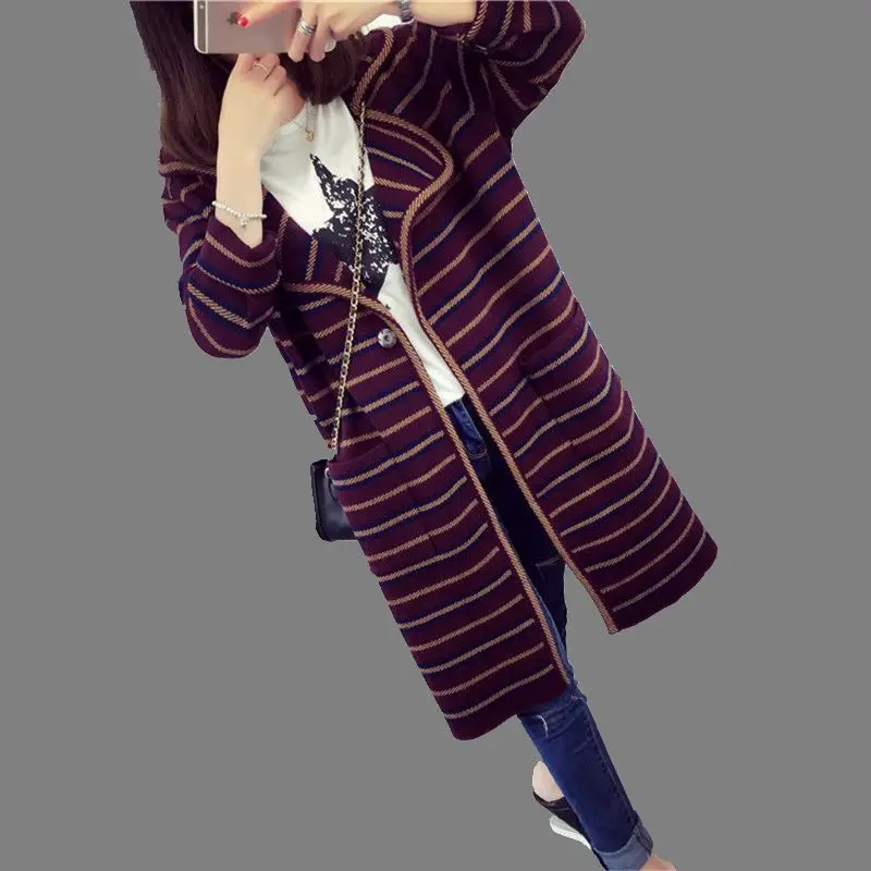 2016 Autumn font b Winter b font Latest Fashion Women Knitting Coat Elegant Temperament Loose Stripe