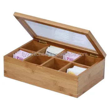 Natural Bamboo Tea Box With Clear Hinged Lid 8 Storage Sections