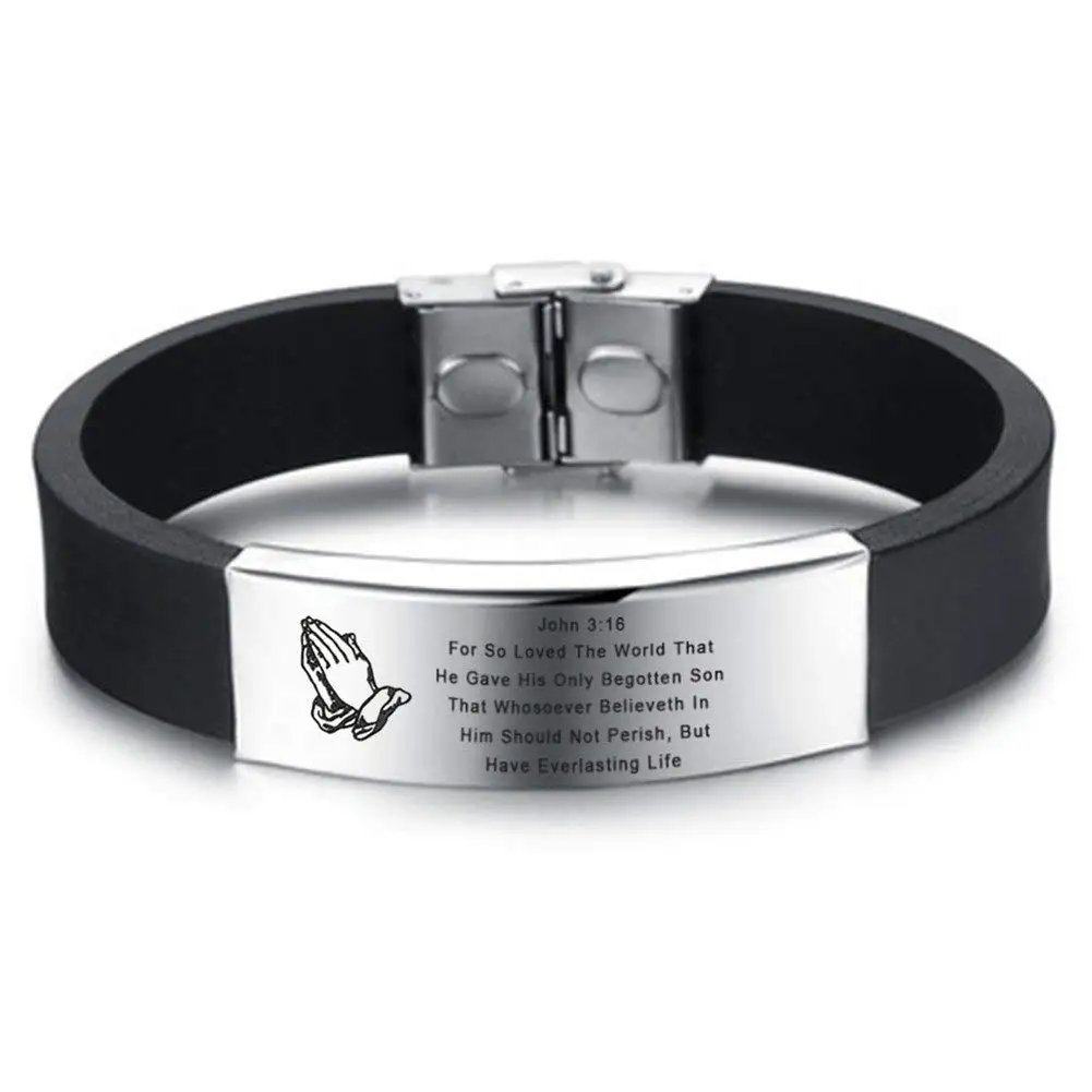 LiFashion LF Mens Stainless Steel Silicone Praying Hands Serenity Prayer John 3 16 Bible Verse Bracelet Rubber Scripture Quote Wristband Christian Jewelry for Boyfriend Husband Son Dad Gift