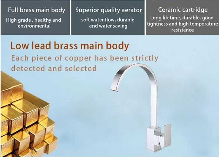 Flat square column copper chrome single hole kitchen sink faucet