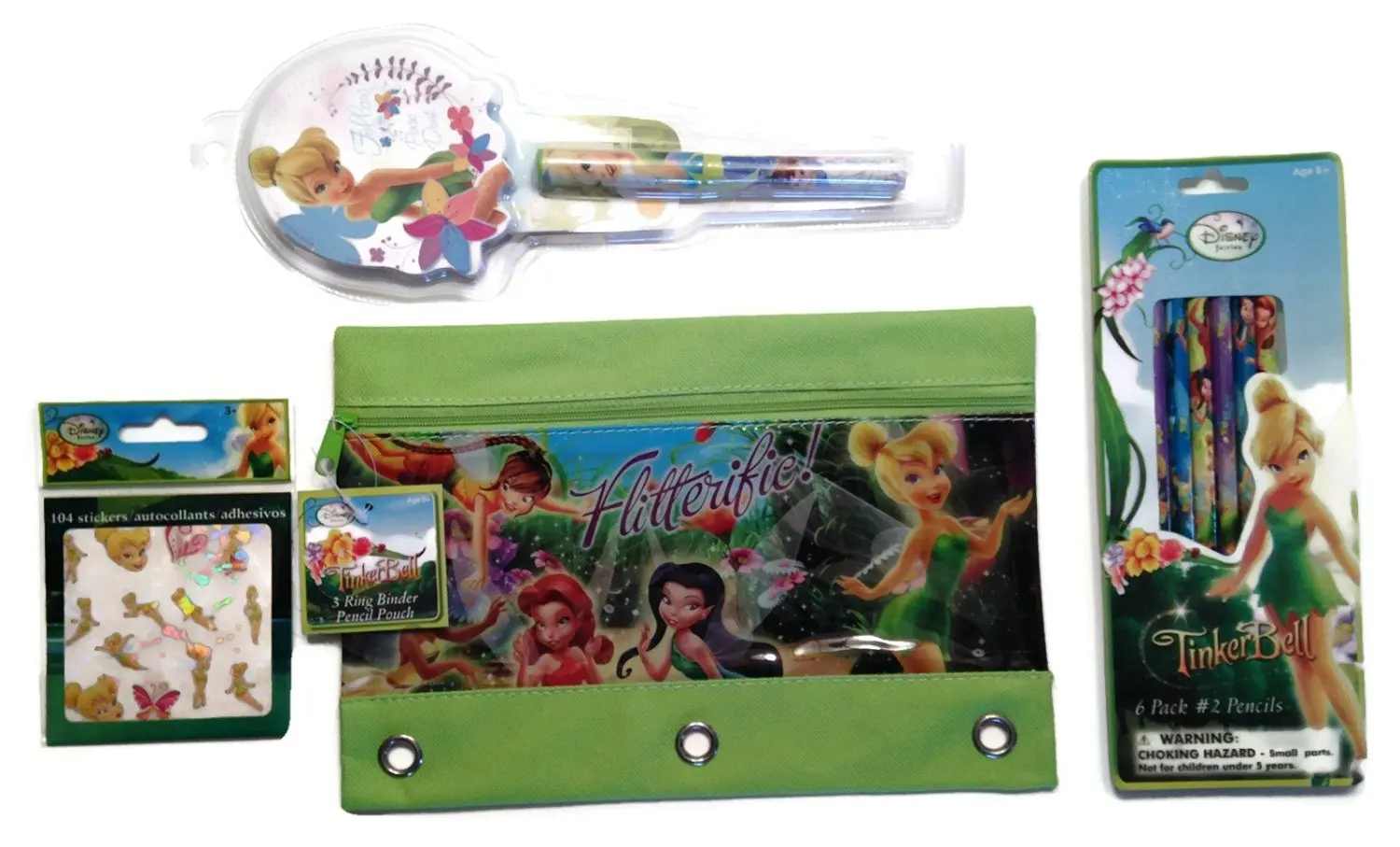 Disney Tinkerbell Flitterific Fairies Back to School Supply Pencil Pouch Bundle - Four Items: One 3 Ring Binder Pencil Pouch, One Book of 104 Autocollants Tinkerbell Stickers, One Pack of 6 Fairy Pencils, One Pixie Dust Notepad & Pen Set