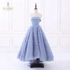 Lovely strapless see through and fully boned bodice long blue ruffle and tiered skirt high low puffy graduation prom dress
