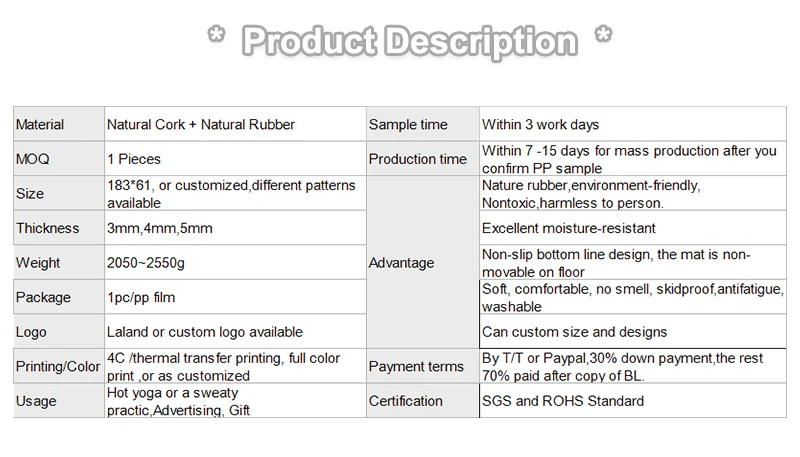 Non-slip eco friendly natural rubber cork yoga mat custom printed eco yoga mat