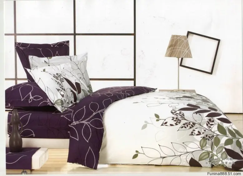 Purple White Leaf Design Queen Bed Quilt Duet Cover Sets 4pc