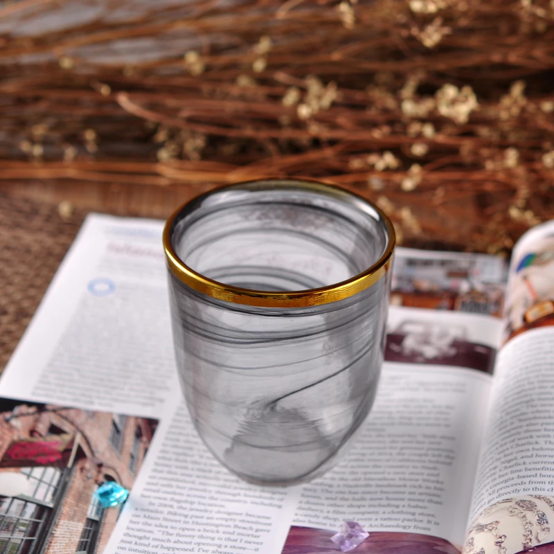 Thin smoke black glass candle jars with gold rim home decoration wholesale