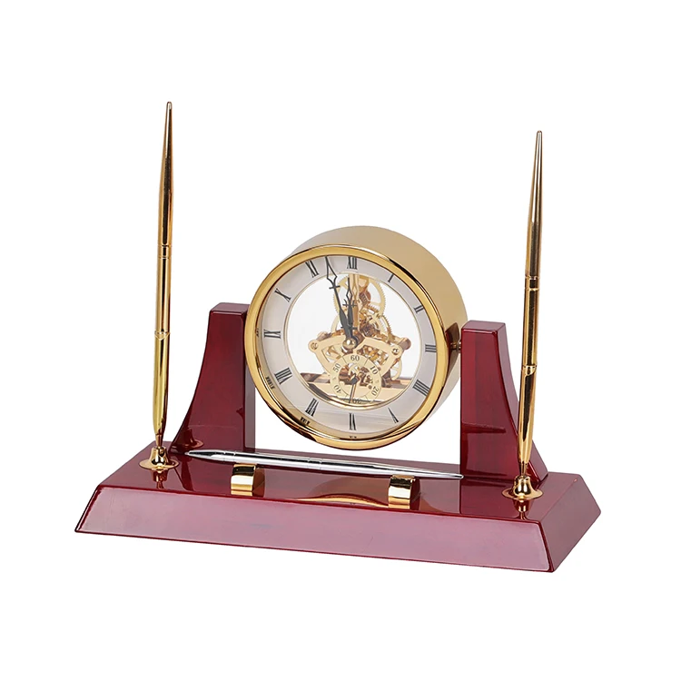 Executive Gold Clock Desk Set with 2 gold pens and  a gold letter opener