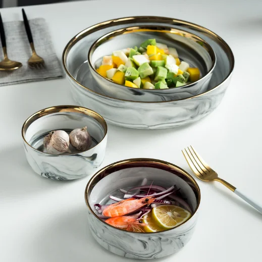 European Style Ceramic Marble Gold Rim Nordic Restaurant Plates Dinner Plate Bowl