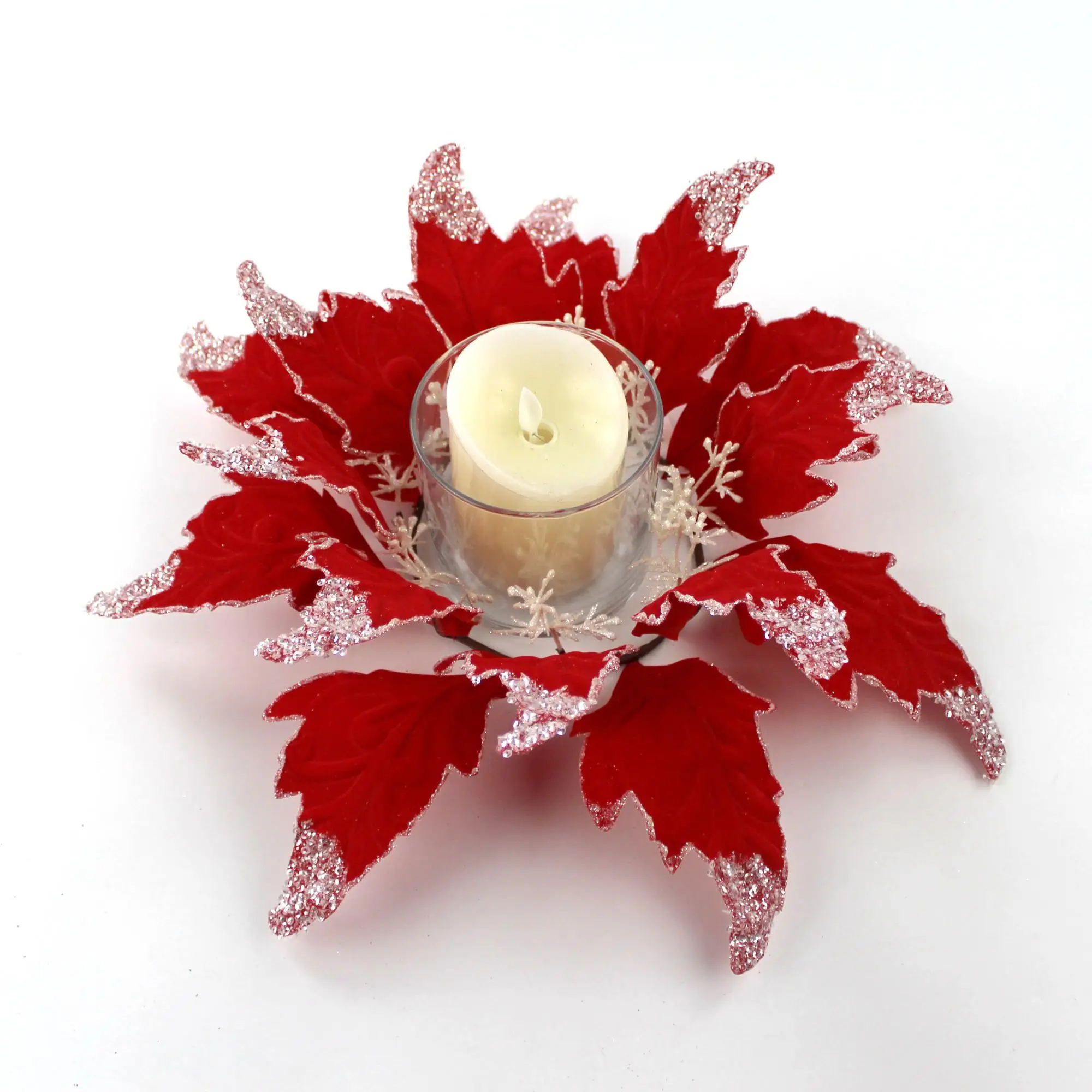 Glitter Sliver Edge Christmas Poinsettia Flower Wreath For Candle Crafts  Wholesale#10 - Buy Flower Wreath For Candle Wholesale,Handmade Christmas