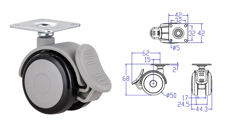 Small 2 Inch 50mm Noiseless Nylon Core TPU Medical Equipment Twin Castor Wheel