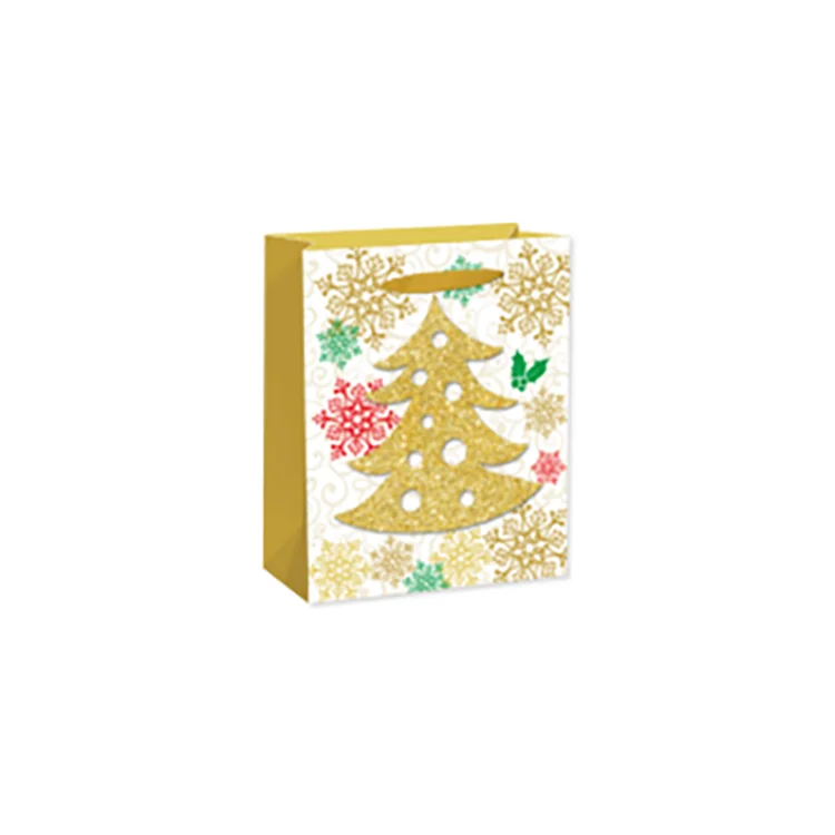 Recycled Rectangle Printing Christmas Tree Paper Wrapping Bags With Bright Powder