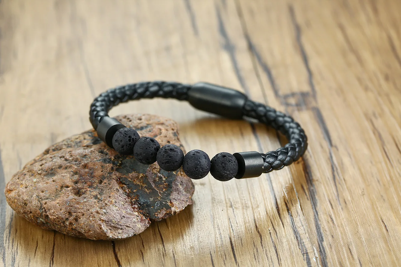 New Design Black Stainless Steel Elegant Lava Bead Fashion Custom Leather Bracelet Men